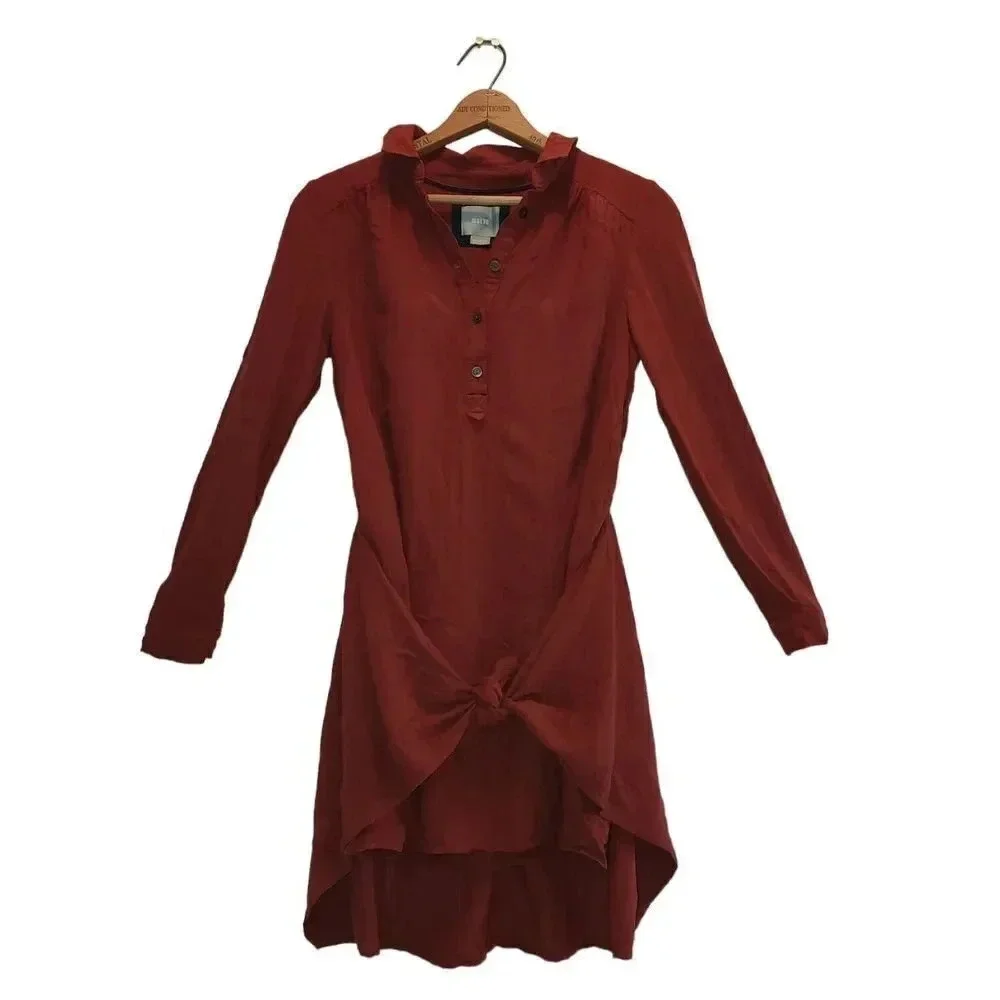 Anthropologie Maeve Tunic Shirt Dress Women Size 0 Burnt Rust Orange Long Sleeve